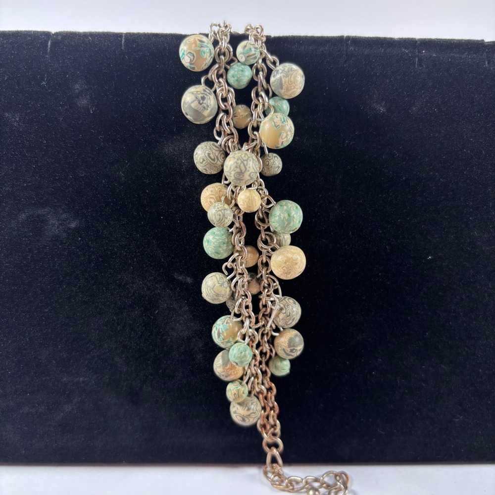 Vintage Multi-Chain Beaded Charm Bracelet Green Tan‎ Swirl Resin Ball Beads 8"